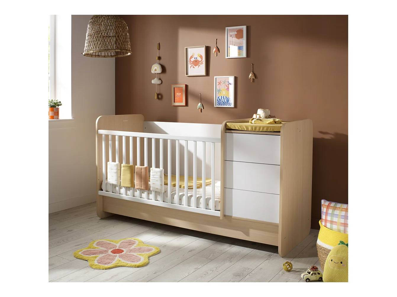 Lit combiné 140x70 évolutif en 90x190 avec commode à langer 3 tiroirs BALLOON - Sauthon