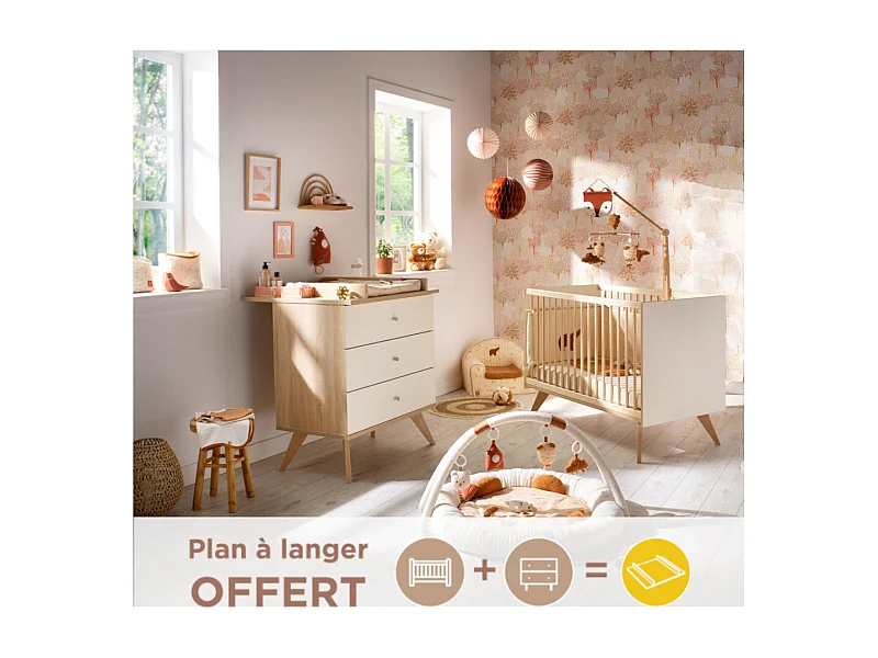 Chambre bébé complète Camille, Lit 120x60 et Commode à langer - décor vanille CAMILLE - Sauthon