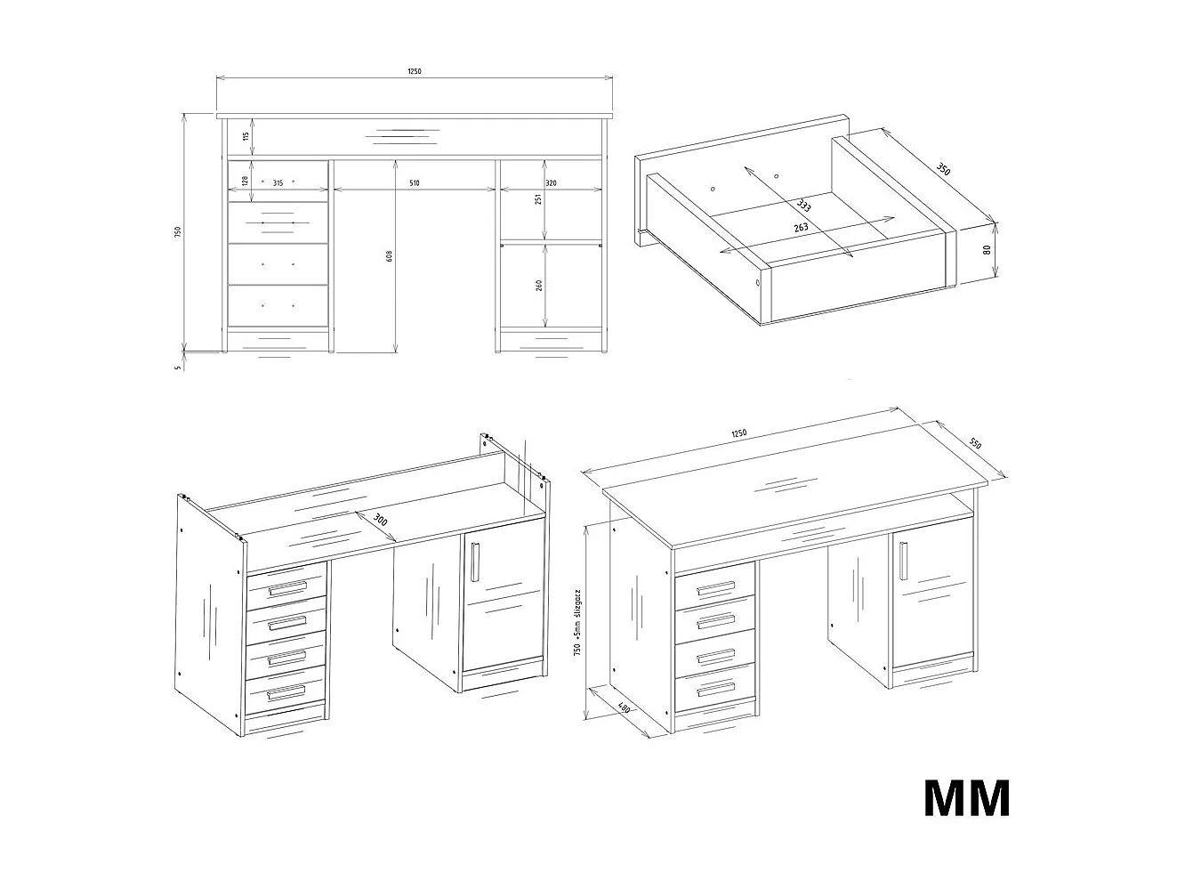 Bureau, blanc, 125 x 75 x 55 cm