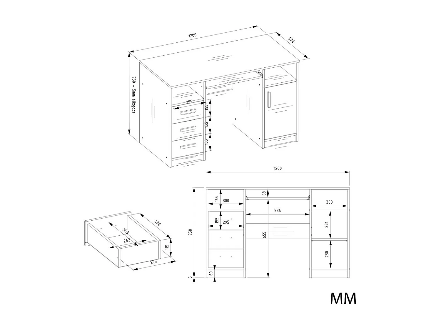 Bureau, anthracite / blanc, 120 x 75 x 60 cm