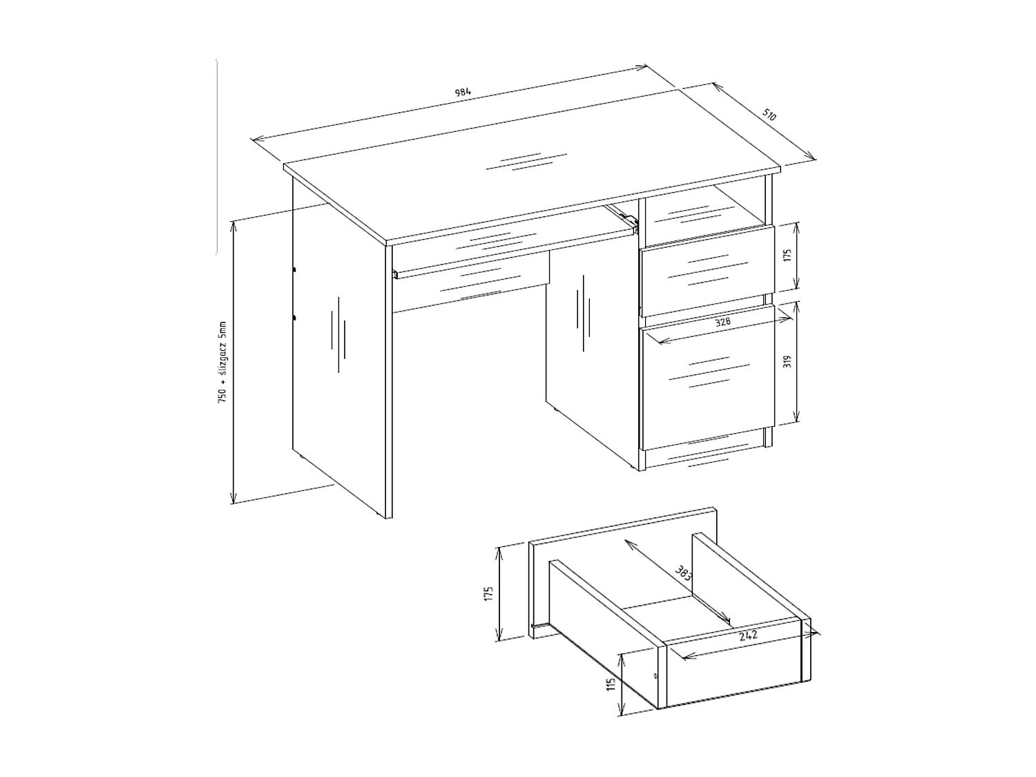 Bureau, blanc, 98,5 x 75,5 x 51 cm