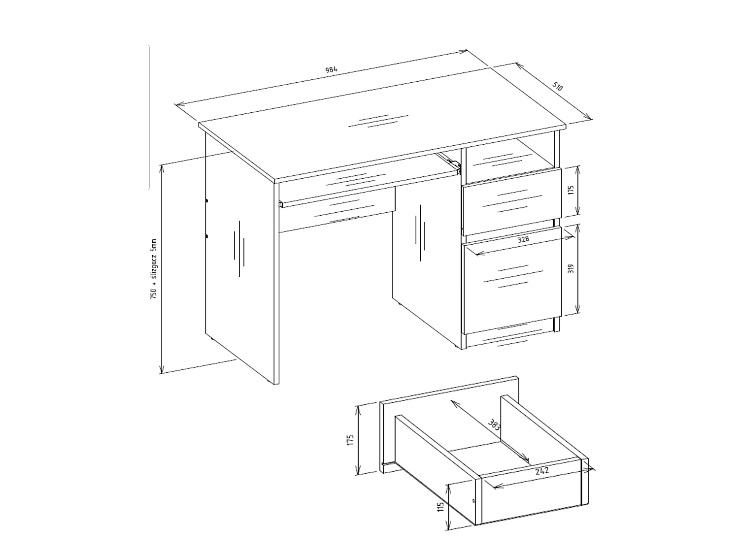 Bureau, blanc, 98,5 x 75,5 x 51 cm