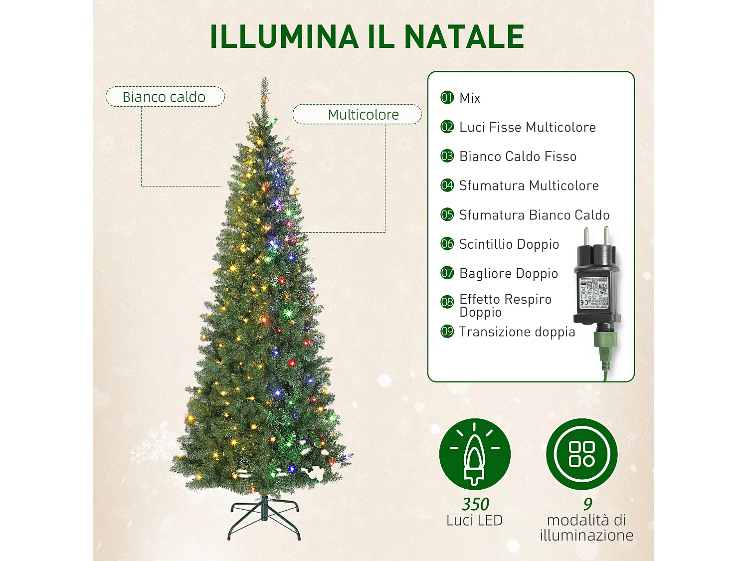 Albero di Natale alto 210 cm con 350 luci bianche e colorate