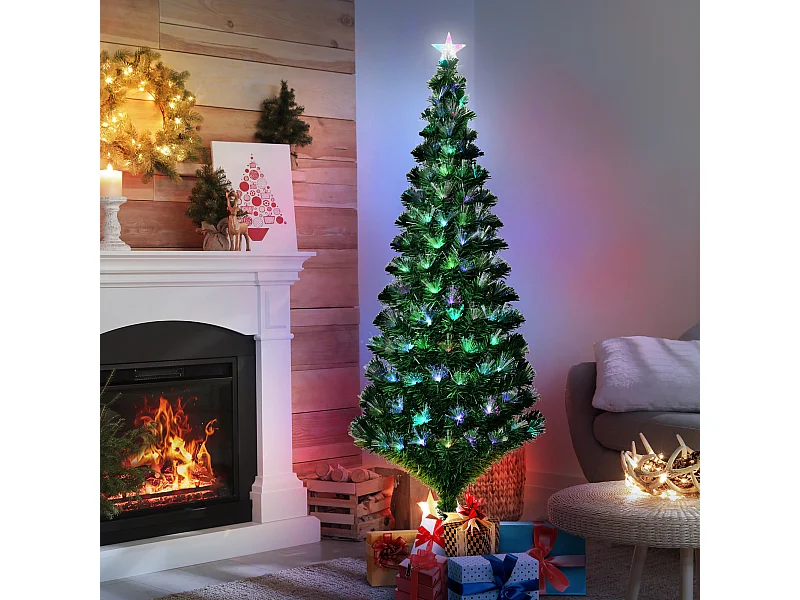 Albero di natale con led e fibre ottiche colorate in pvc verde