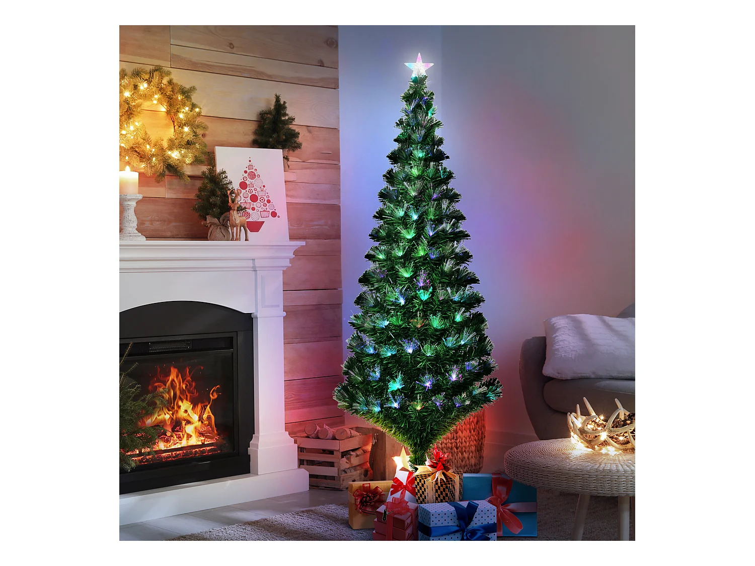Albero di natale con led e fibre ottiche colorate in pvc verde