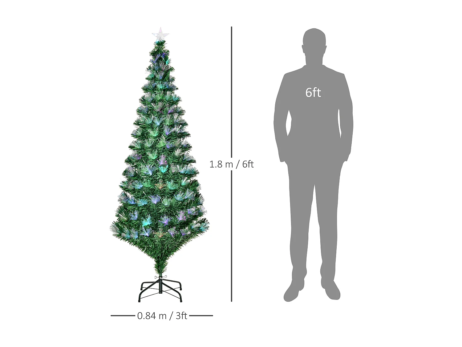 Albero di natale con led e fibre ottiche colorate in pvc verde