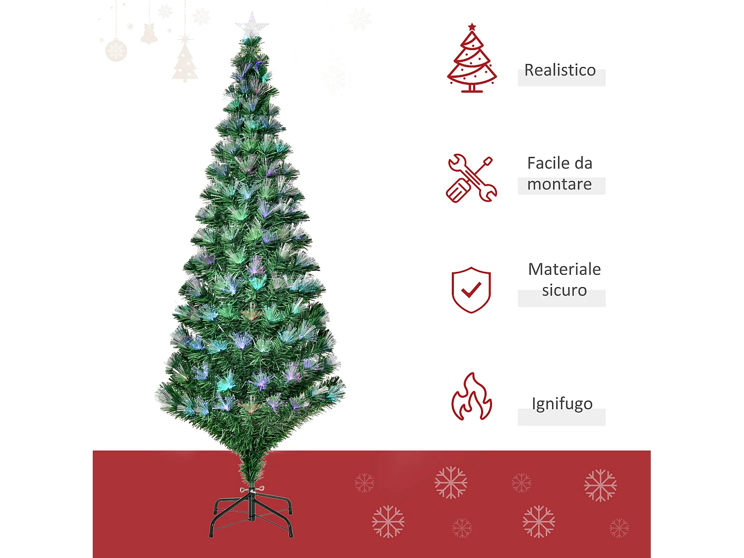 Albero di natale con led e fibre ottiche colorate in pvc verde