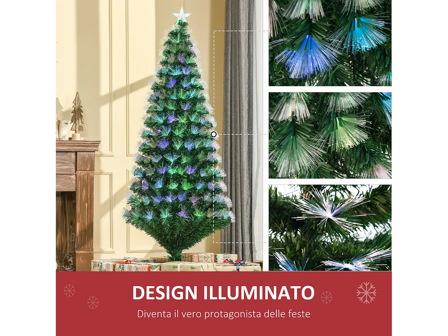 Albero di natale con led e fibre ottiche colorate in pvc verde