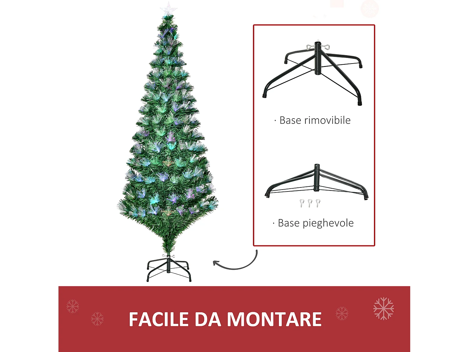 Albero di natale con led e fibre ottiche colorate in pvc verde