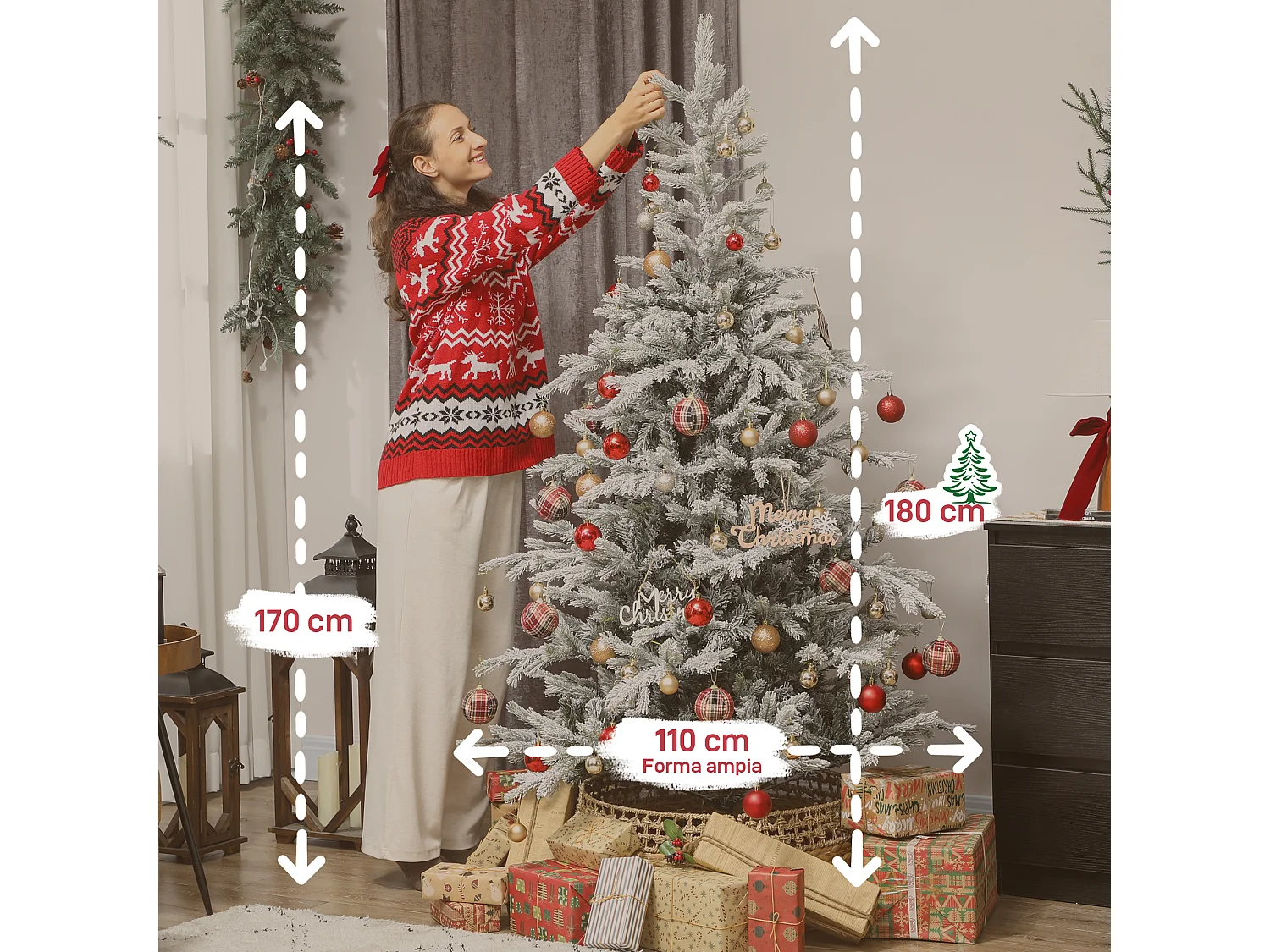 Albero di Natale innevato alto 180 cm con base in metallo pieghevole