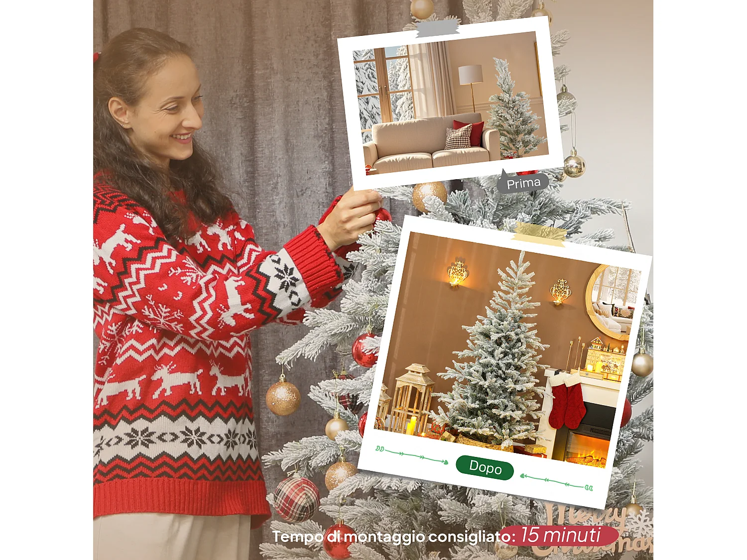 Albero di Natale innevato alto 180 cm con base in metallo pieghevole