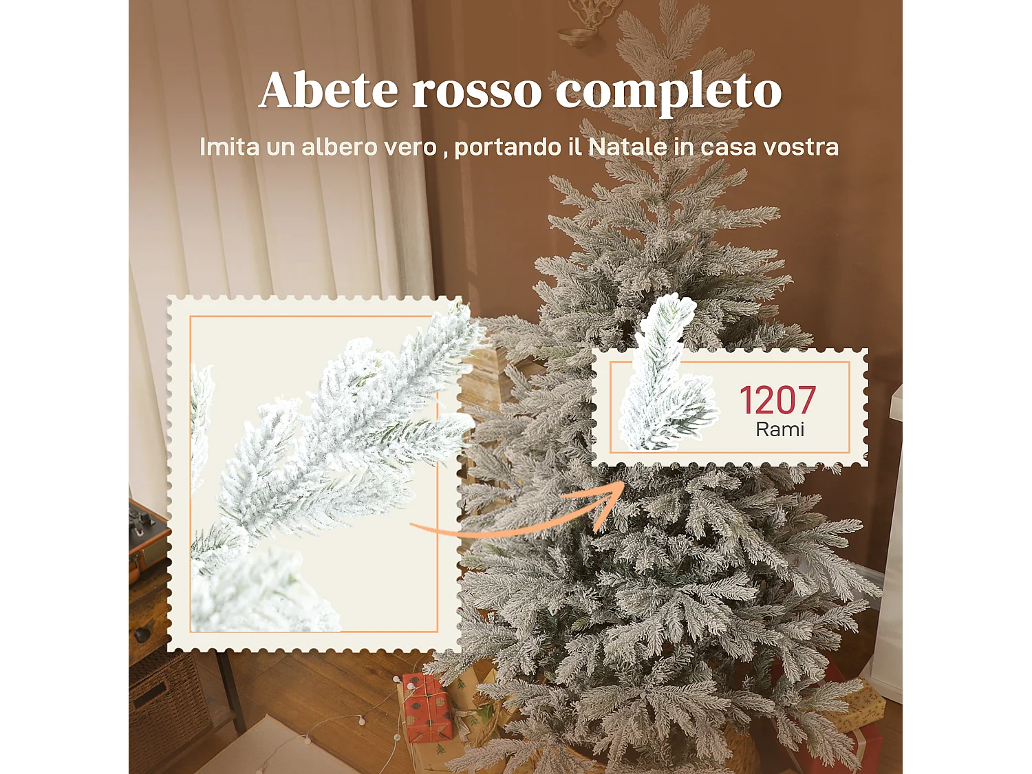 Albero di Natale innevato alto 180 cm con base in metallo pieghevole