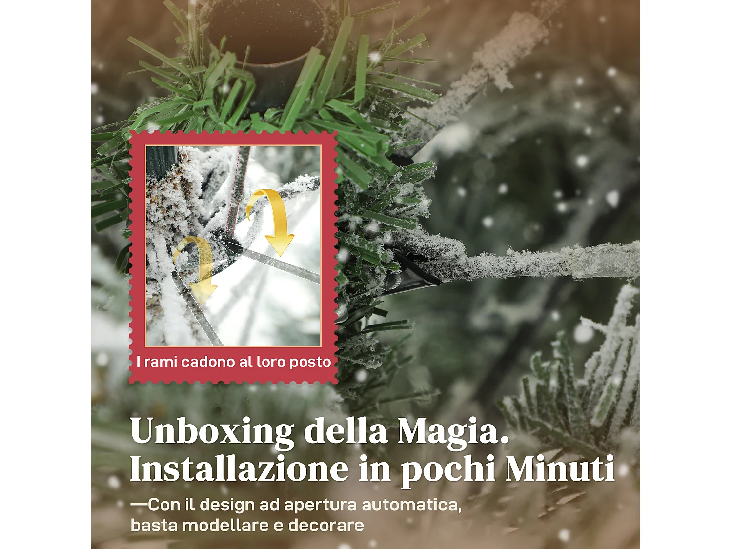 Albero di Natale innevato alto 180 cm con base in metallo pieghevole