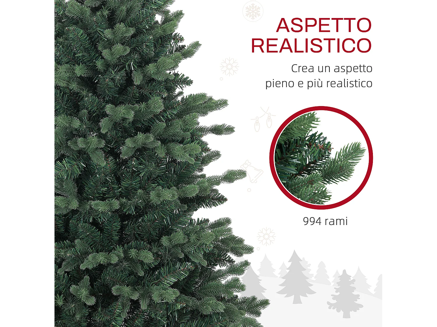 Albero di natale artificiale 150cm con 994 rami e base in resina