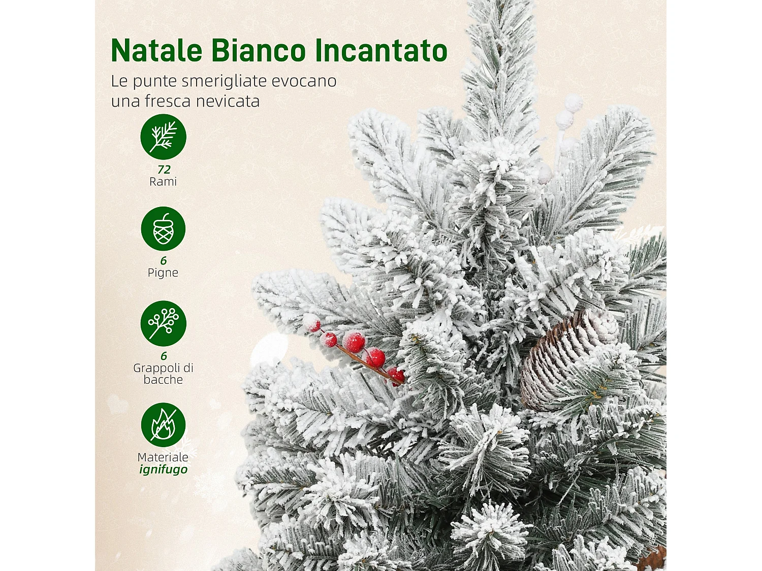 Mini albero di Natale alto 60 cm innevato con pigne e bacche
