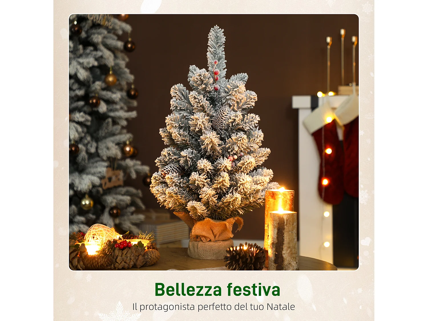 Mini albero di Natale alto 60 cm innevato con pigne e bacche