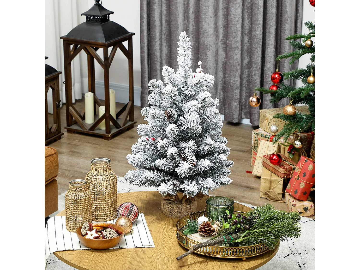 Mini albero di Natale alto 60 cm innevato con pigne e bacche