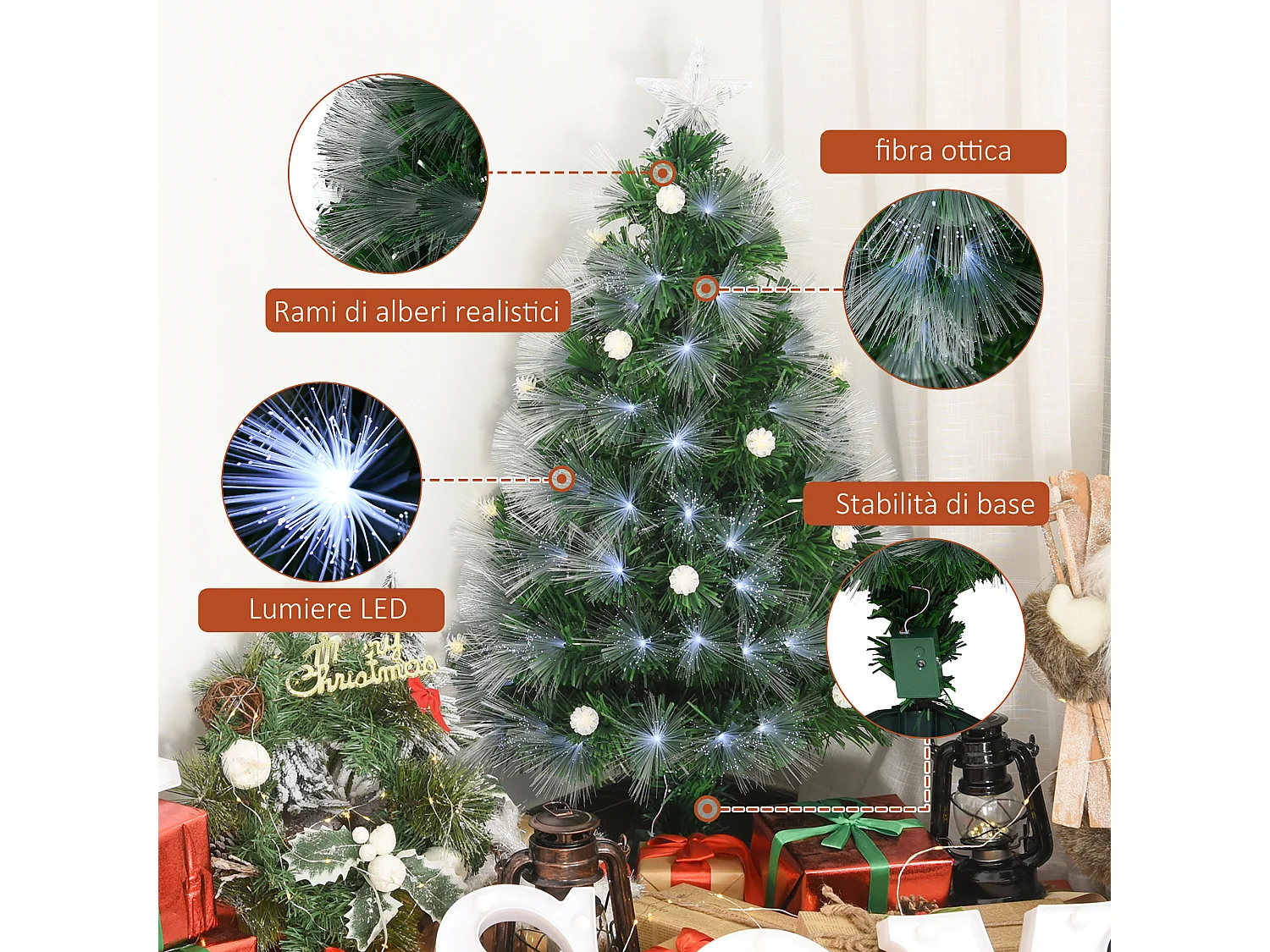 Albero di natale artificiale con led e fibre ottiche in pvc verde