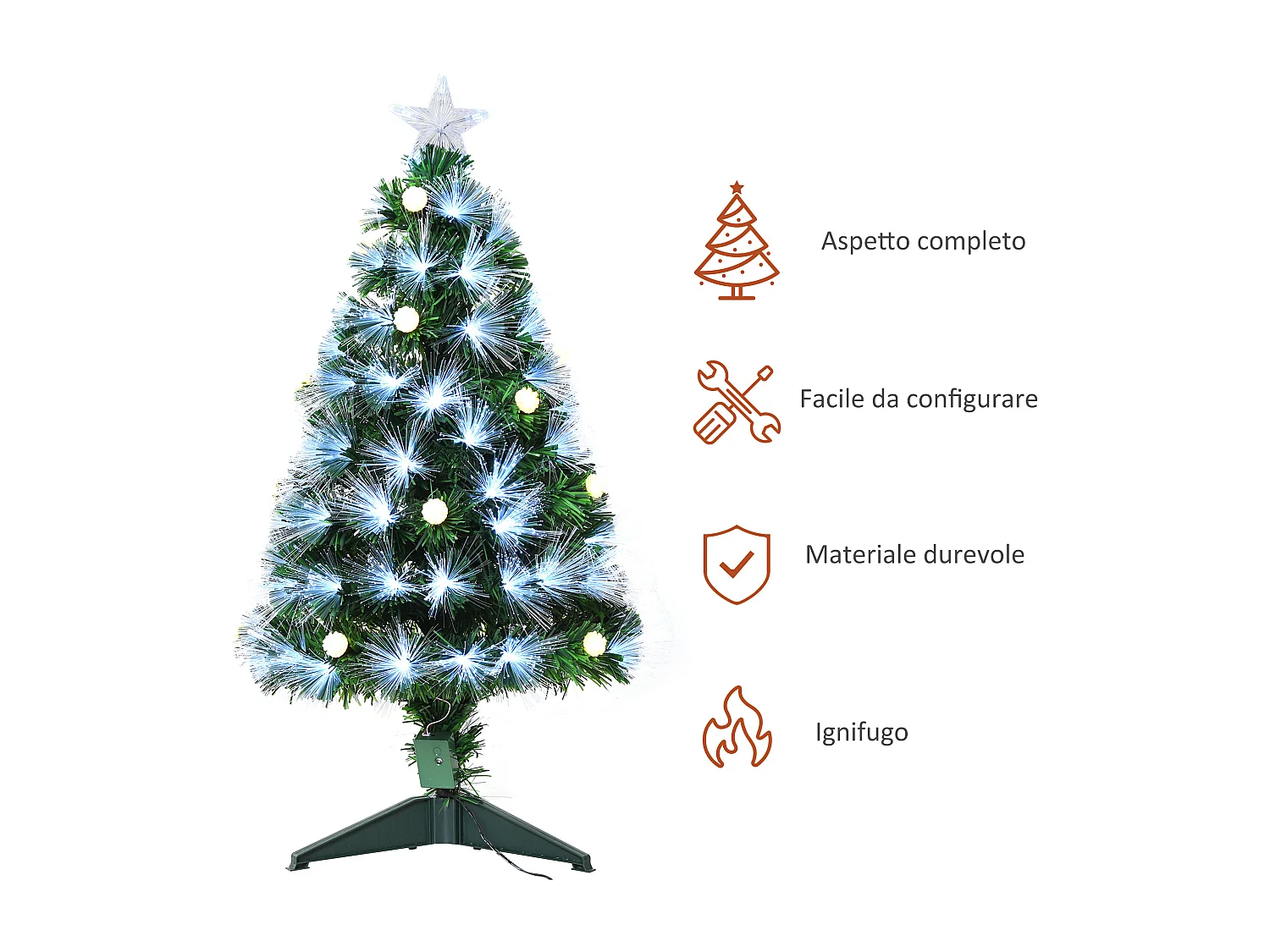 Albero di natale artificiale con led e fibre ottiche in pvc verde