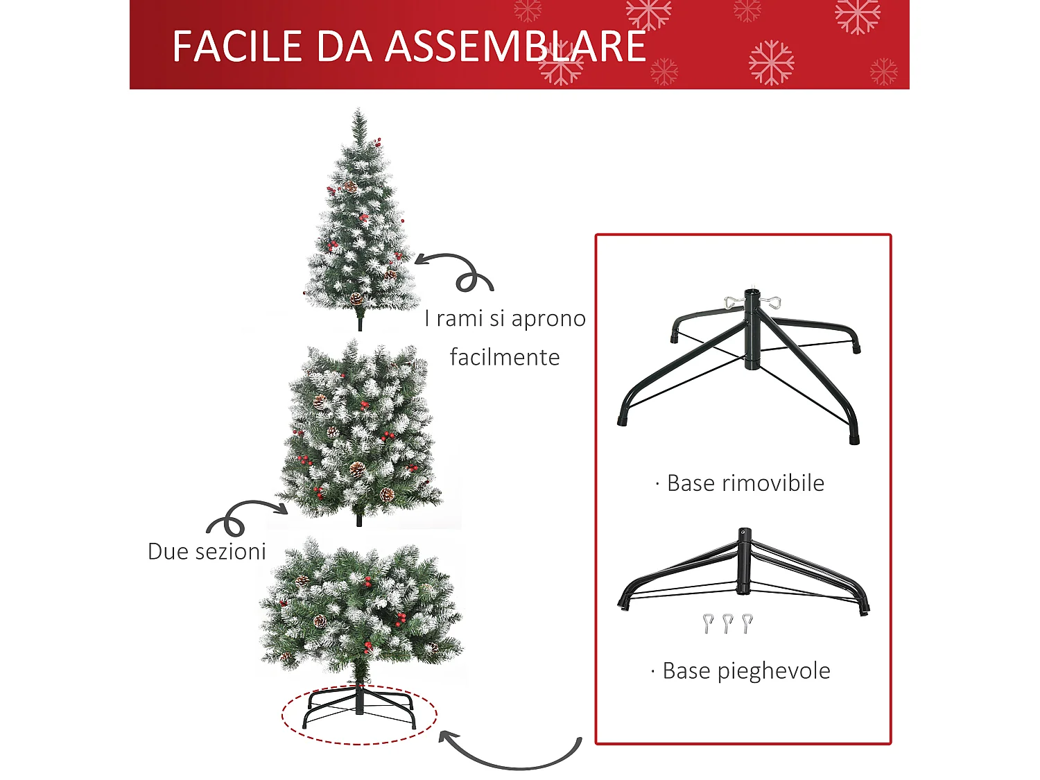 Albero di natale innevato artificiale da 180cm base pieghevole