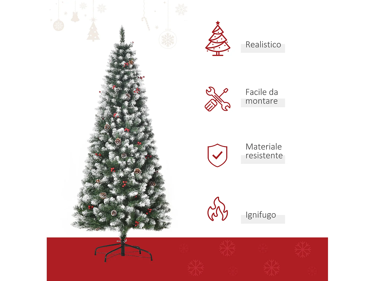 Albero di natale innevato artificiale da 180cm base pieghevole