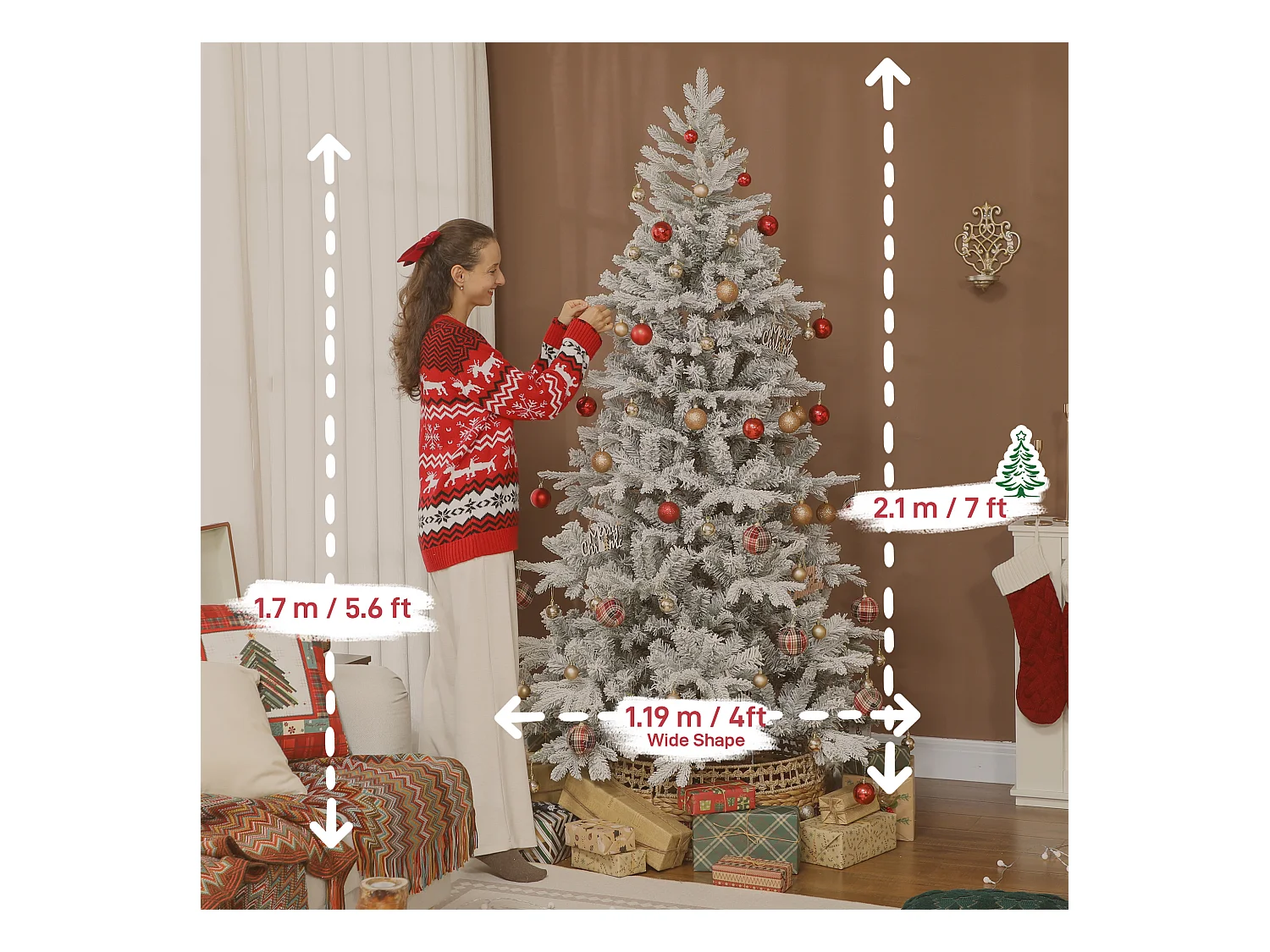 Albero di natale 210 cm innevato con base in metallo pieghevole