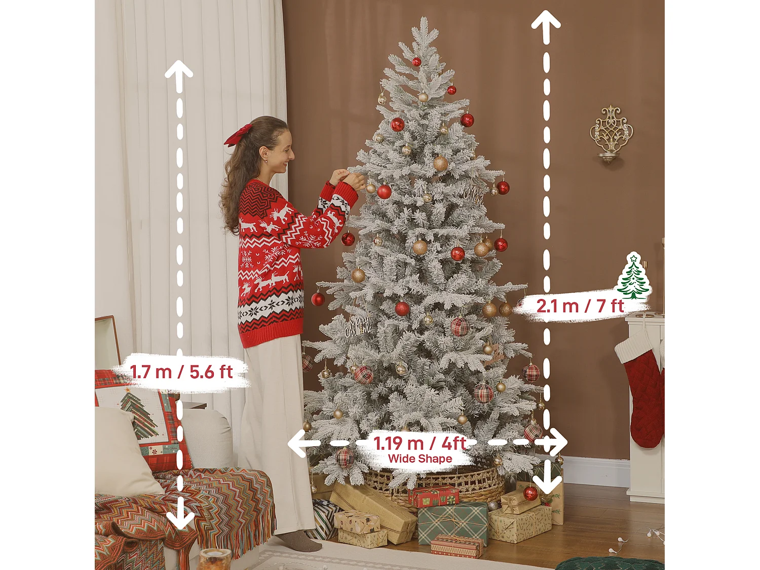 Albero di natale 210 cm innevato con base in metallo pieghevole