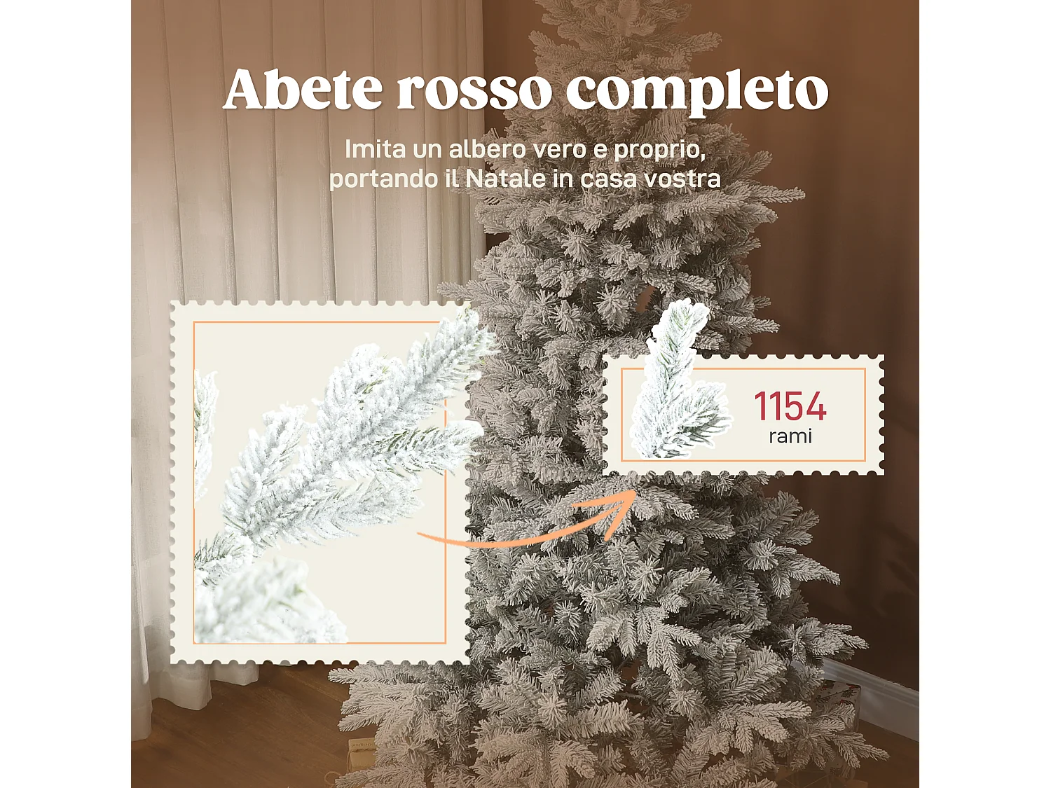 Albero di natale 210 cm innevato con base in metallo pieghevole