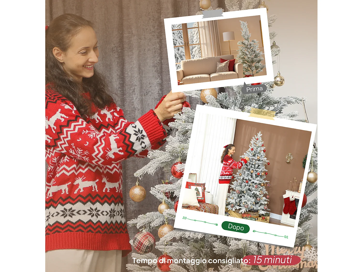 Albero di natale 210 cm innevato con base in metallo pieghevole