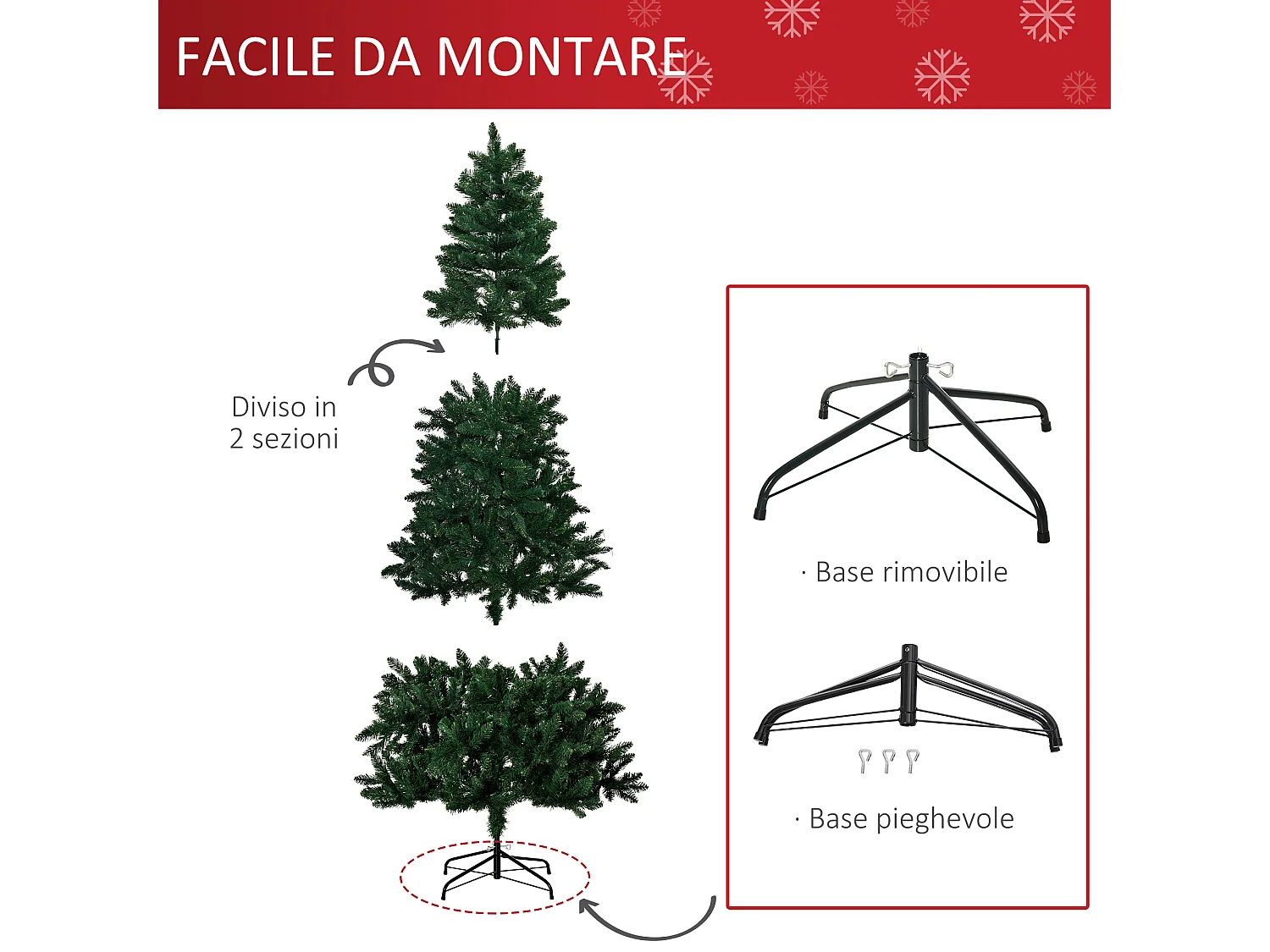 Albero di natale artificiale pvc con base 1064 rami φ105x210cm