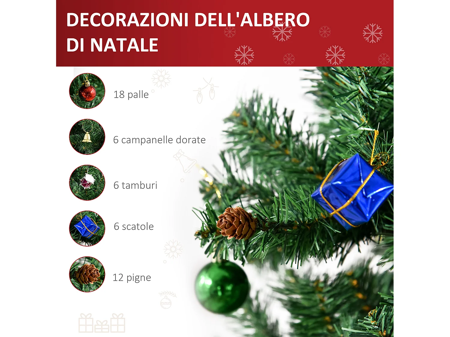 Albero di natale con addobbi e rami in pvc verde