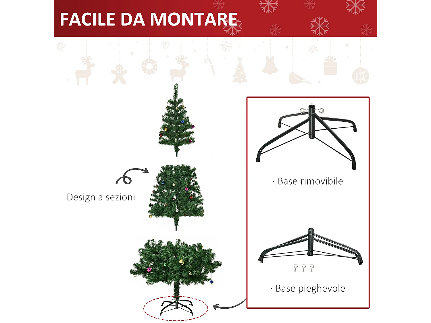 Albero di natale con addobbi e rami in pvc verde