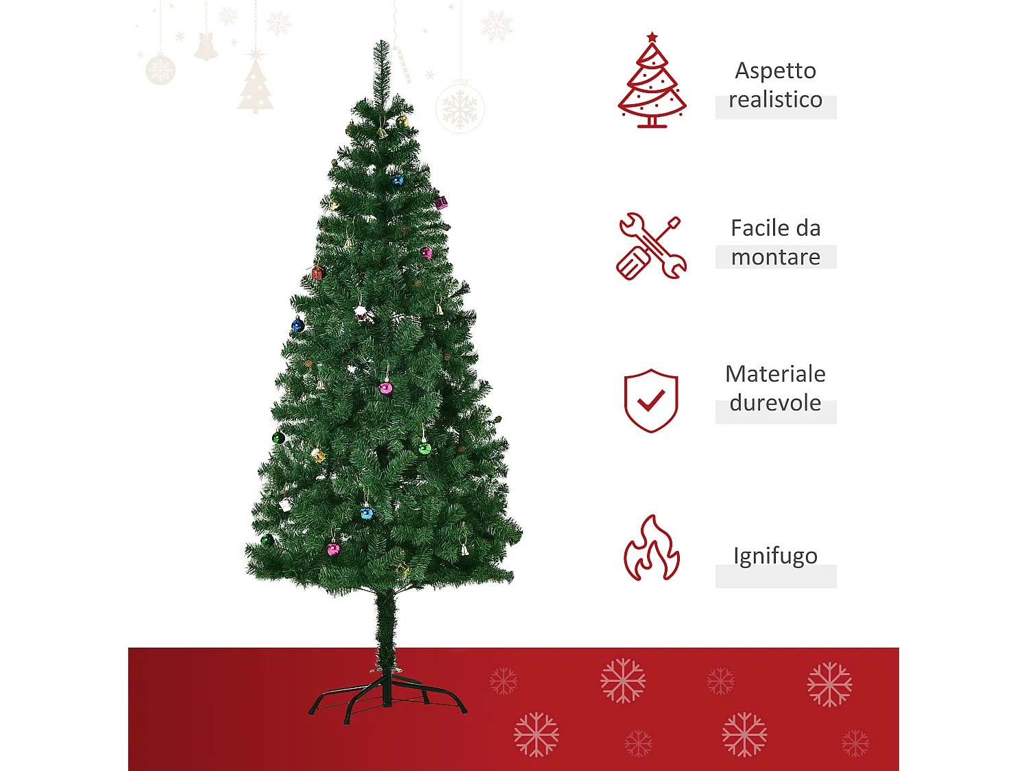 Albero di natale con addobbi e rami in pvc verde