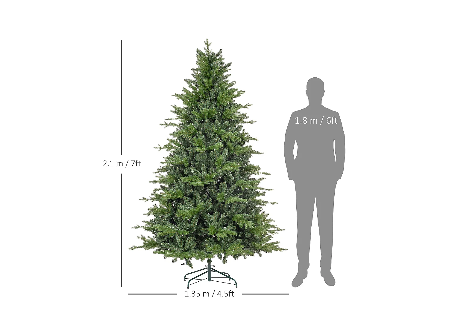 Albero di natale 210 cm verde artificiale con base in metallo