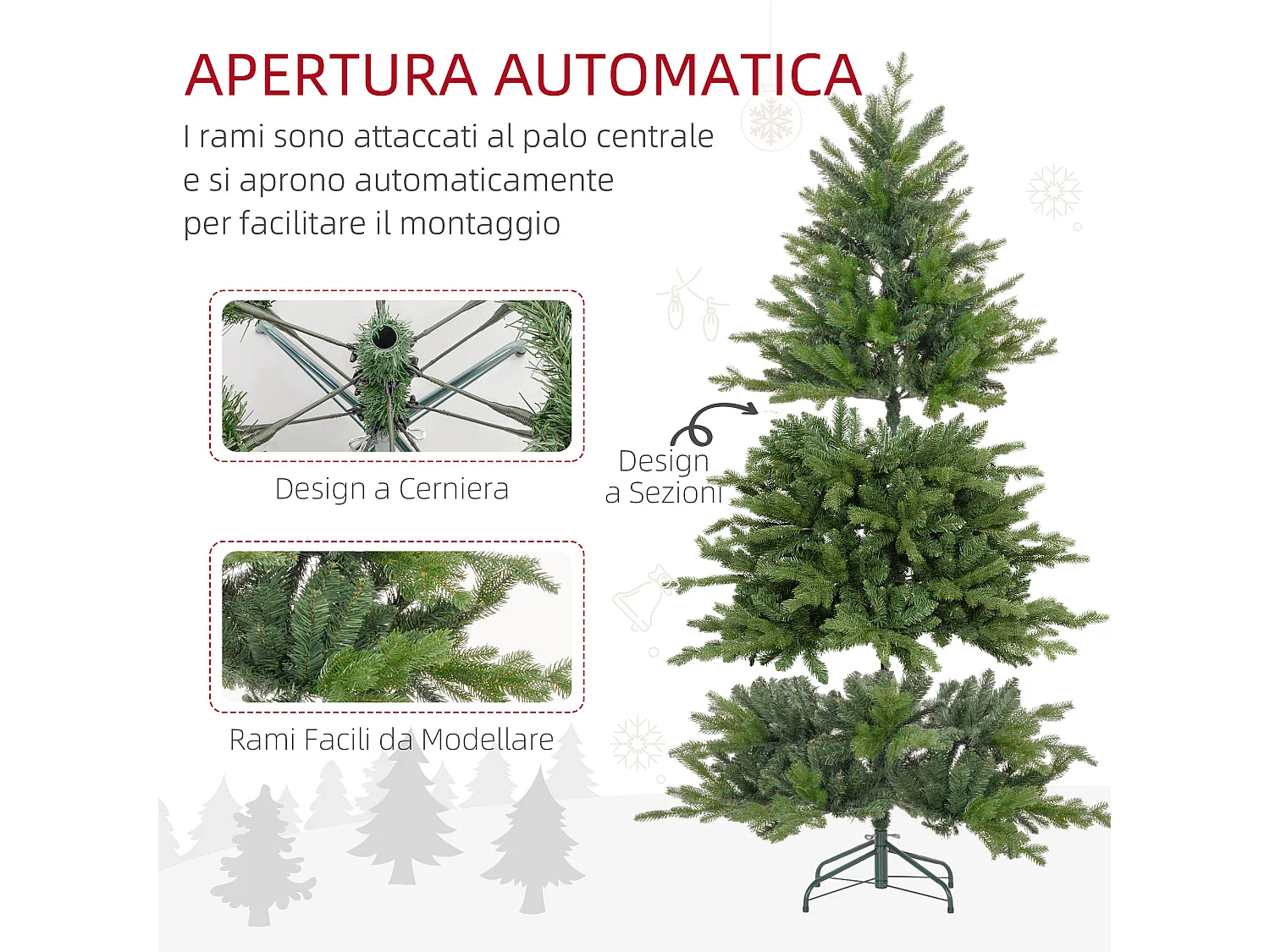 Albero di natale 210 cm verde artificiale con base in metallo