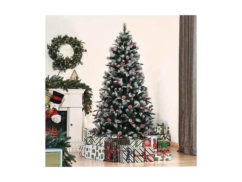 Albero di natale innevato con pigne e bacche rosse alto 180cm