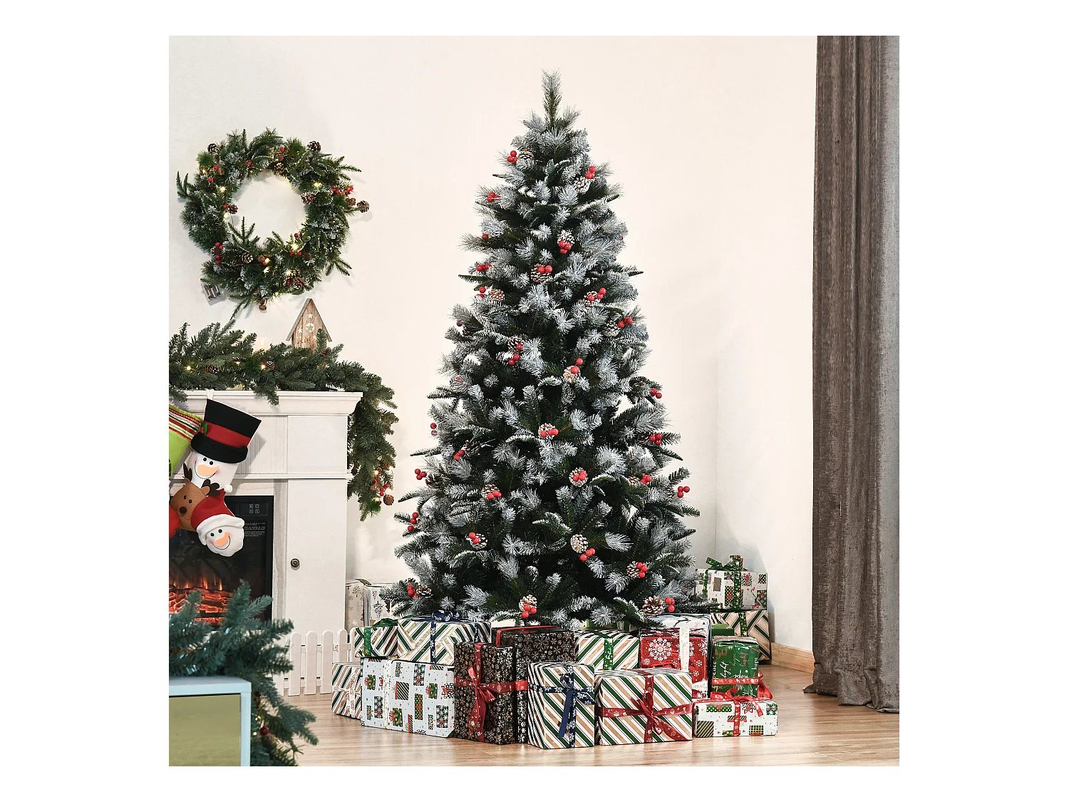 Albero di natale innevato con pigne e bacche rosse alto 180cm