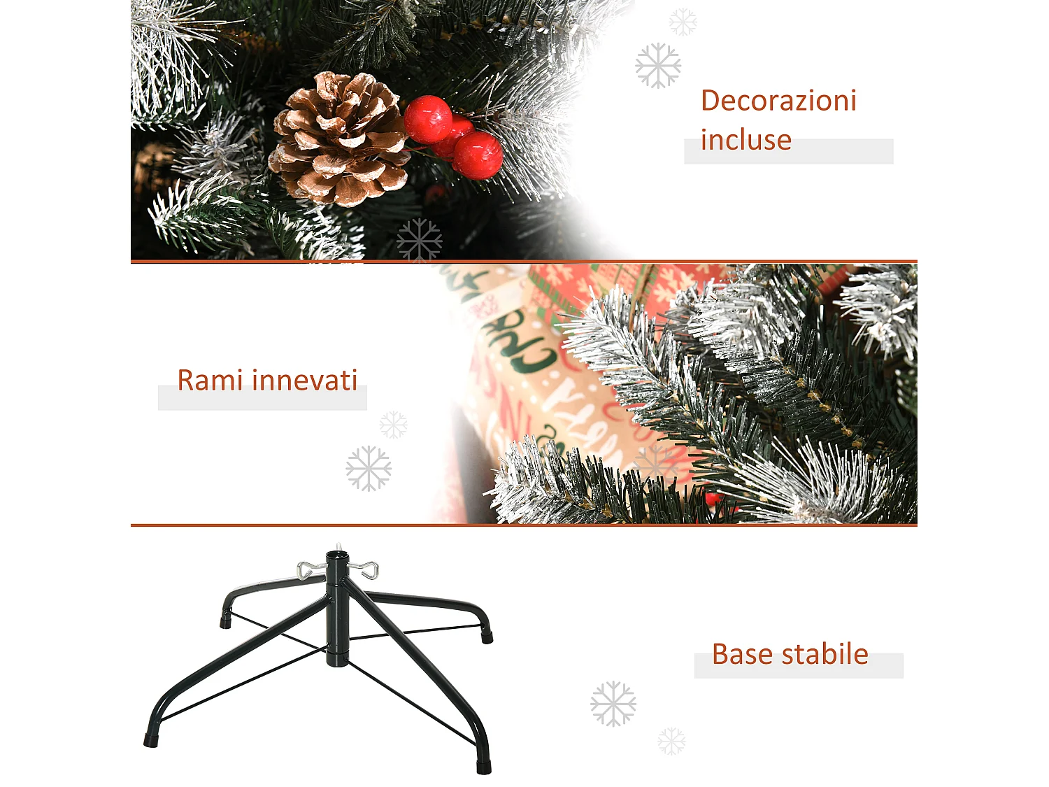 Albero di natale innevato con pigne e bacche rosse alto 180cm