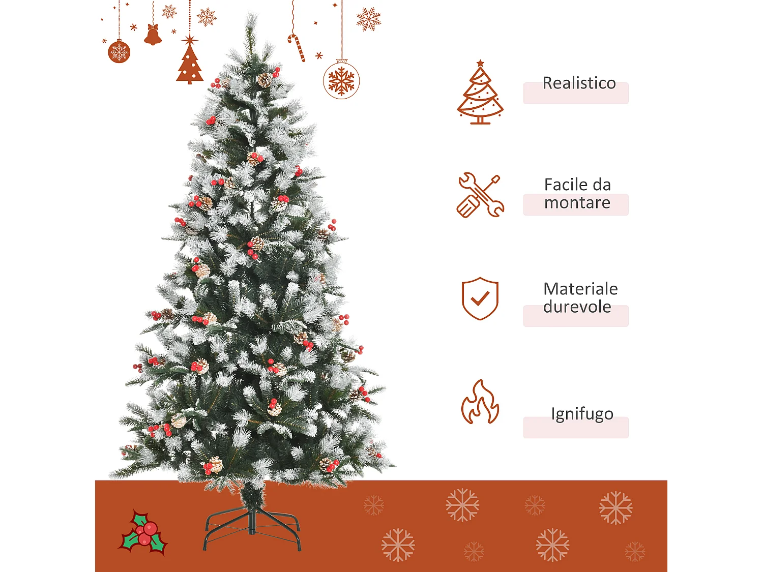 Albero di natale innevato con pigne e bacche rosse alto 180cm