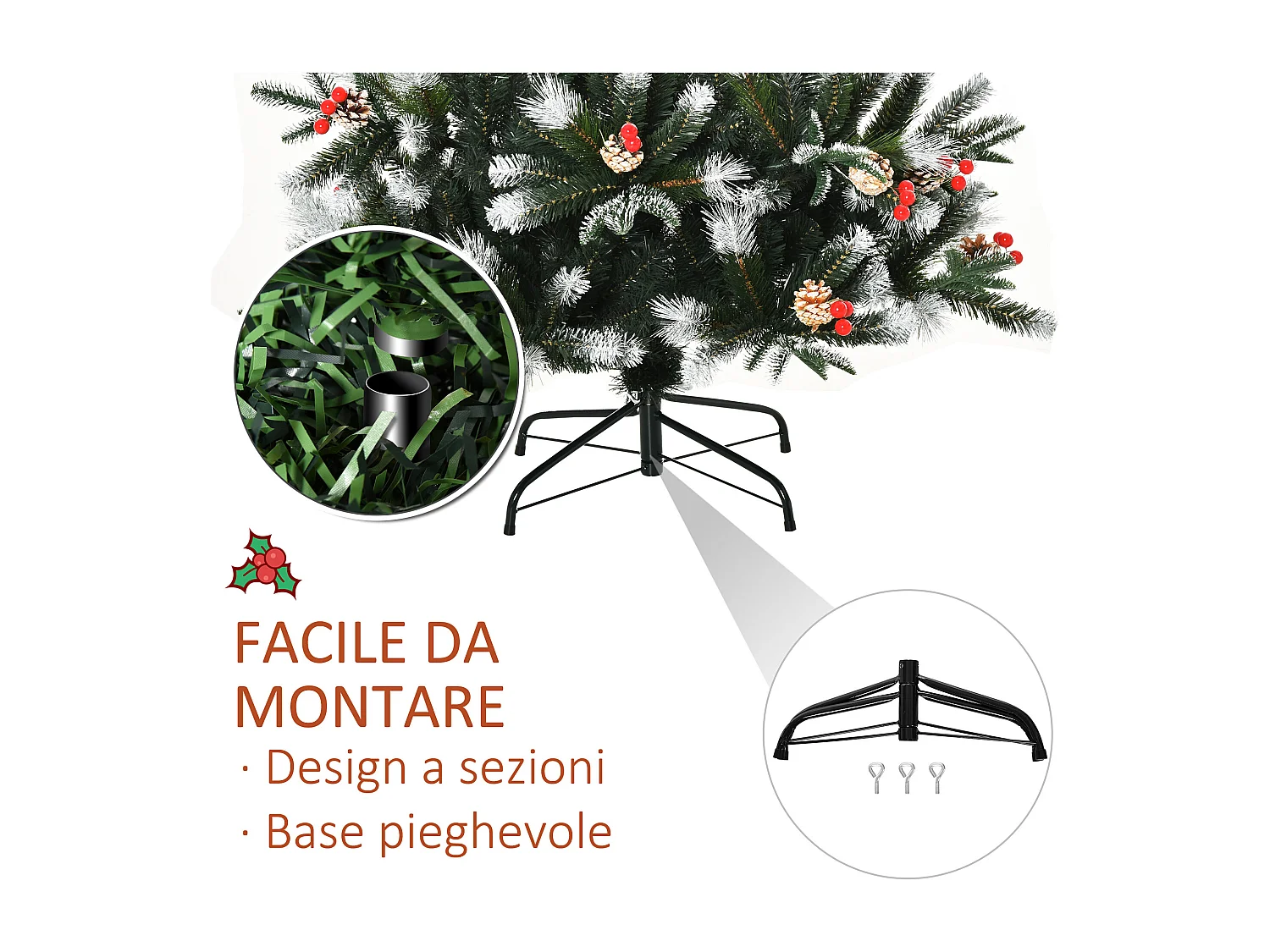 Albero di natale innevato con pigne e bacche rosse alto 180cm