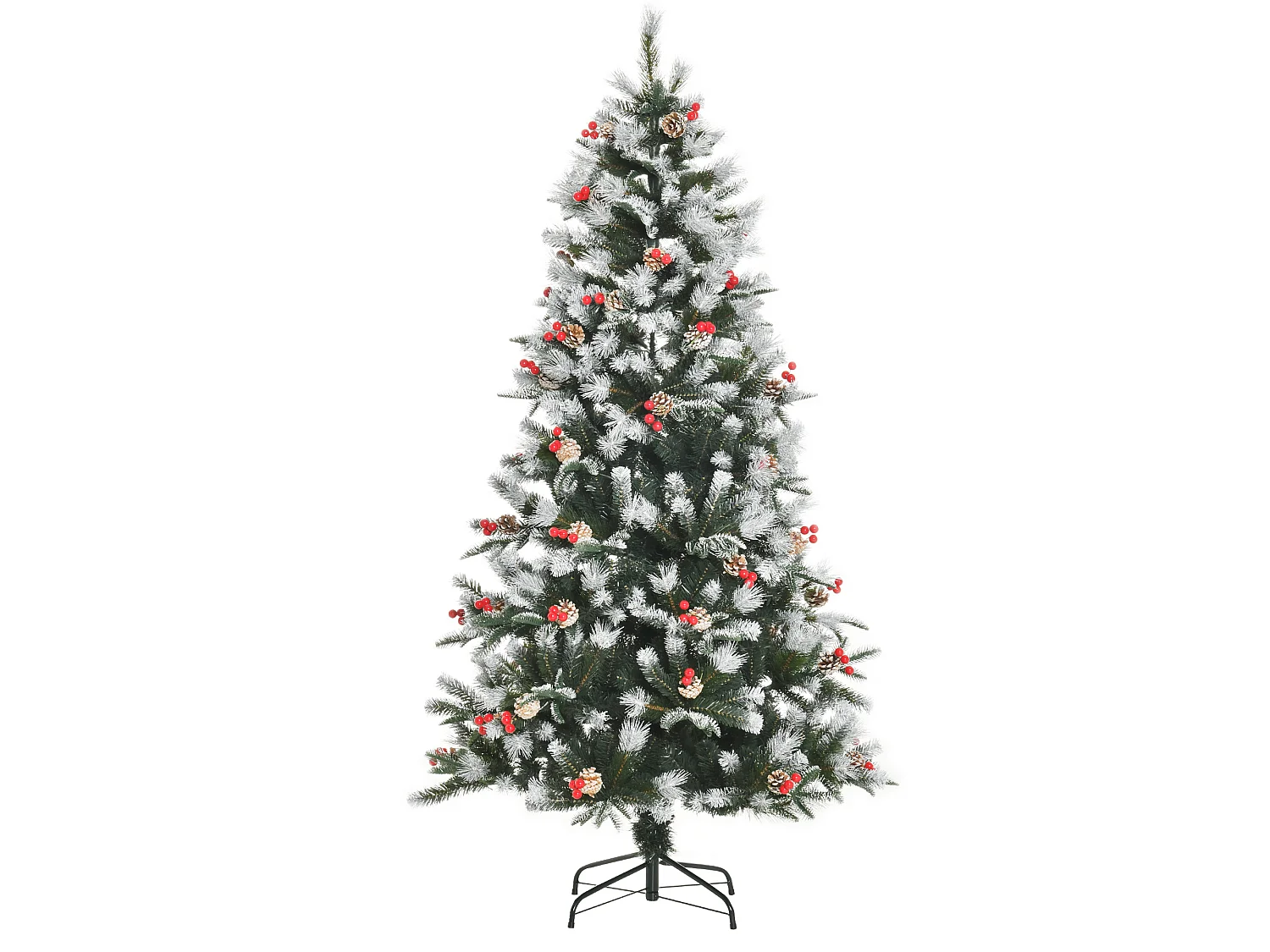 Albero di natale innevato con pigne e bacche rosse alto 180cm