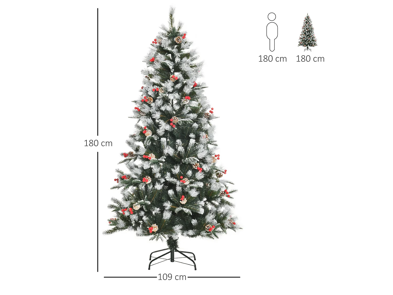 Albero di natale innevato con pigne e bacche rosse alto 180cm