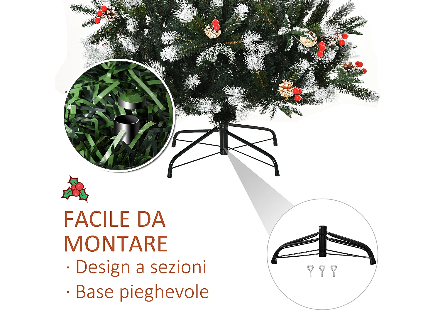 Albero di natale innevato con pigne e bacche rosse alto 180cm