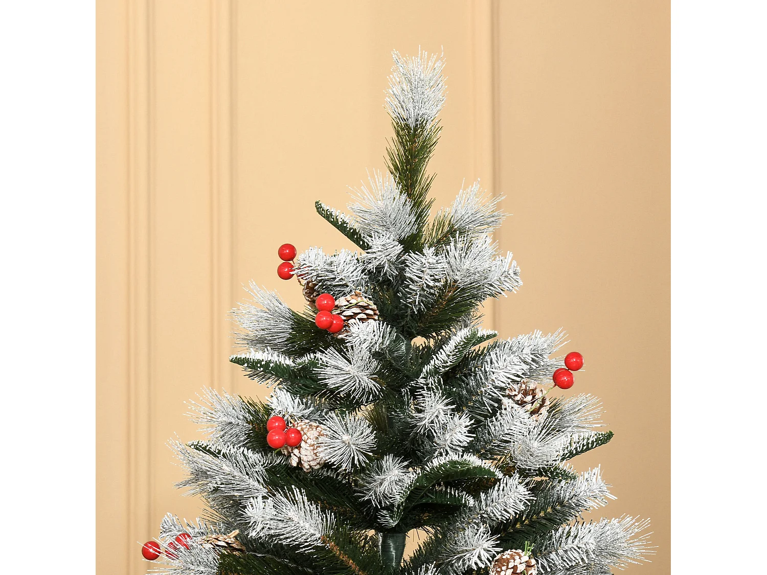 Albero di natale innevato con pigne e bacche rosse alto 180cm