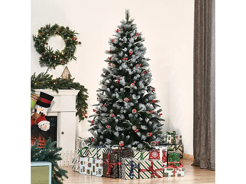 Albero di natale innevato con pigne e bacche rosse alto 180cm