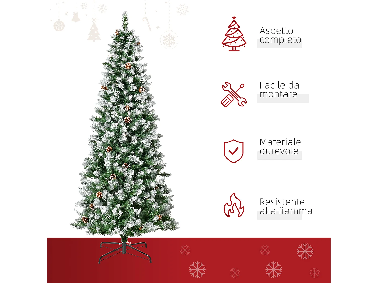 Albero di natale innevato 180 cm con 630 rami e 37 pigne verde bianco