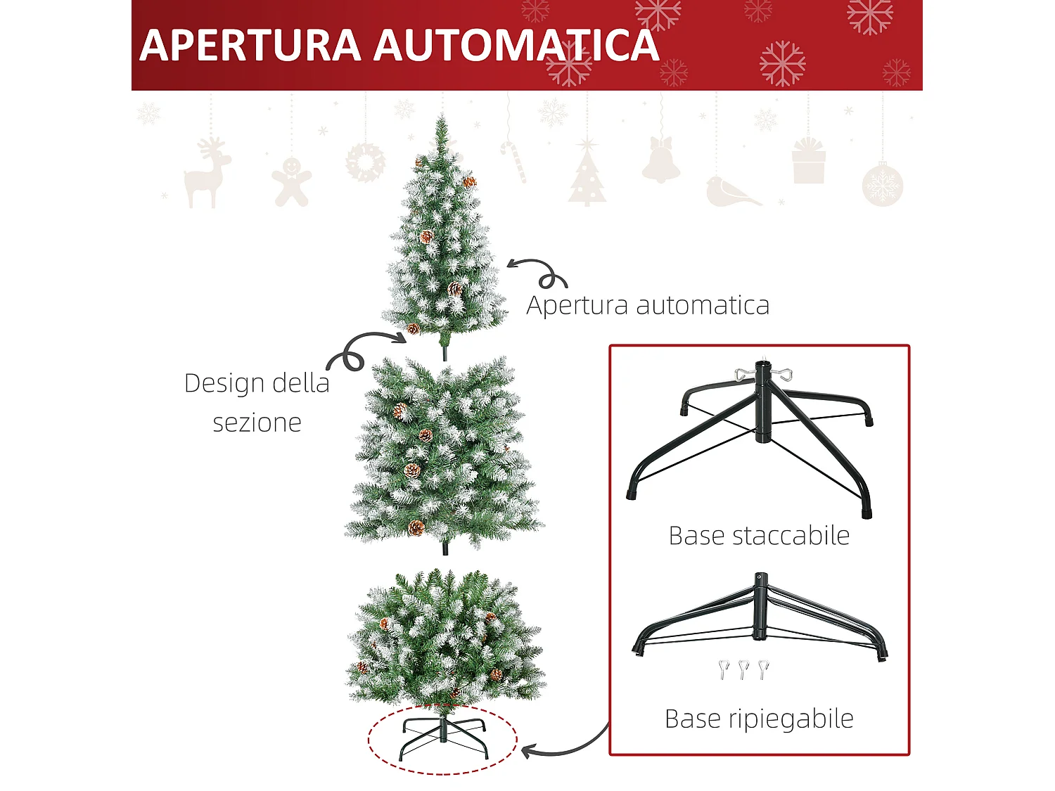 Albero di natale innevato 180 cm con 630 rami e 37 pigne verde bianco
