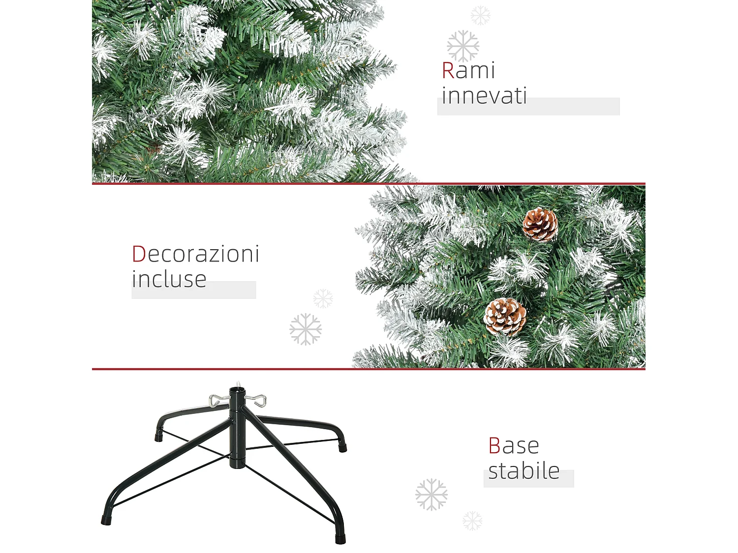 Albero di natale innevato 180 cm con 630 rami e 37 pigne verde bianco
