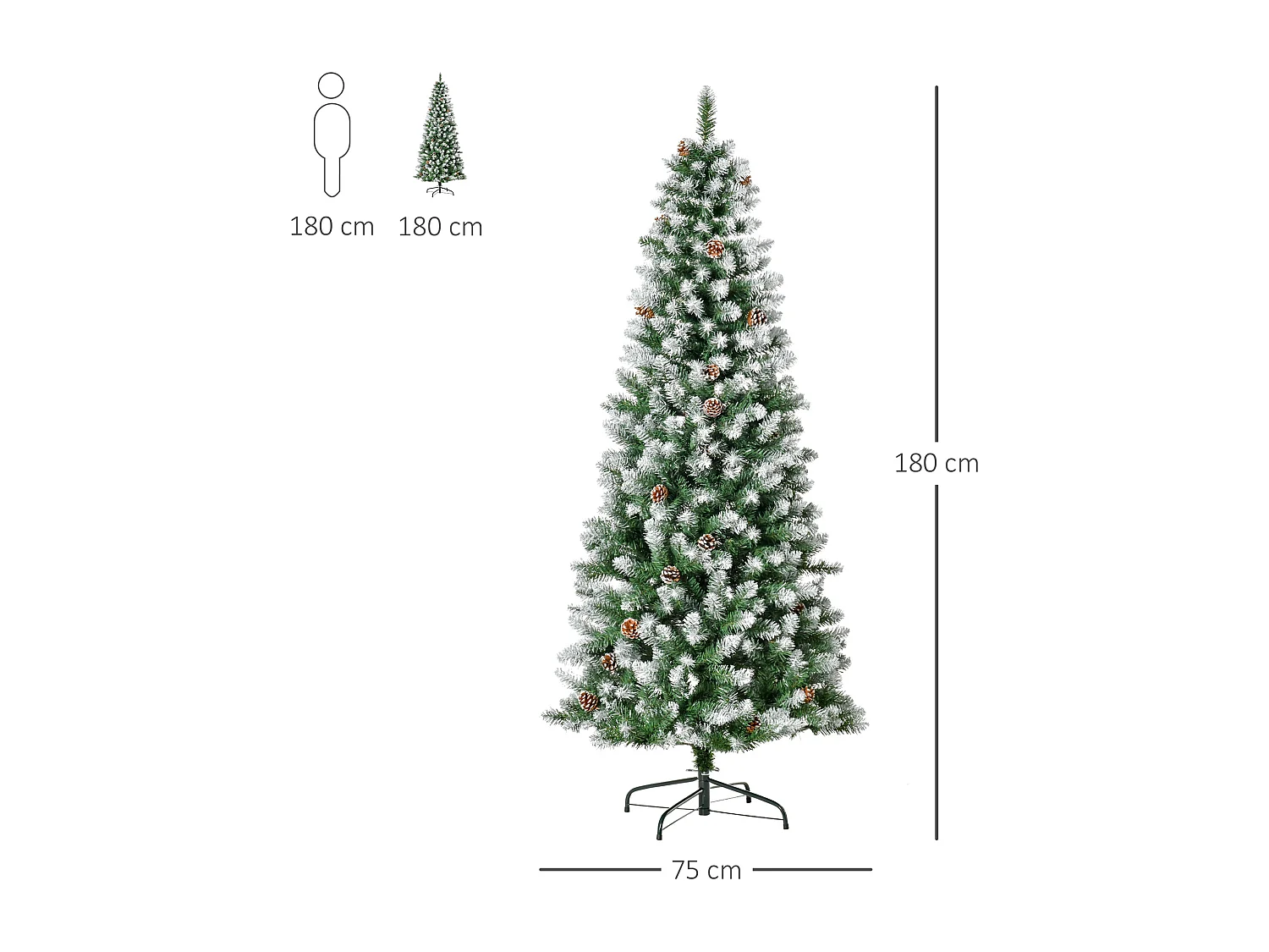 Albero di natale innevato 180 cm con 630 rami e 37 pigne verde bianco
