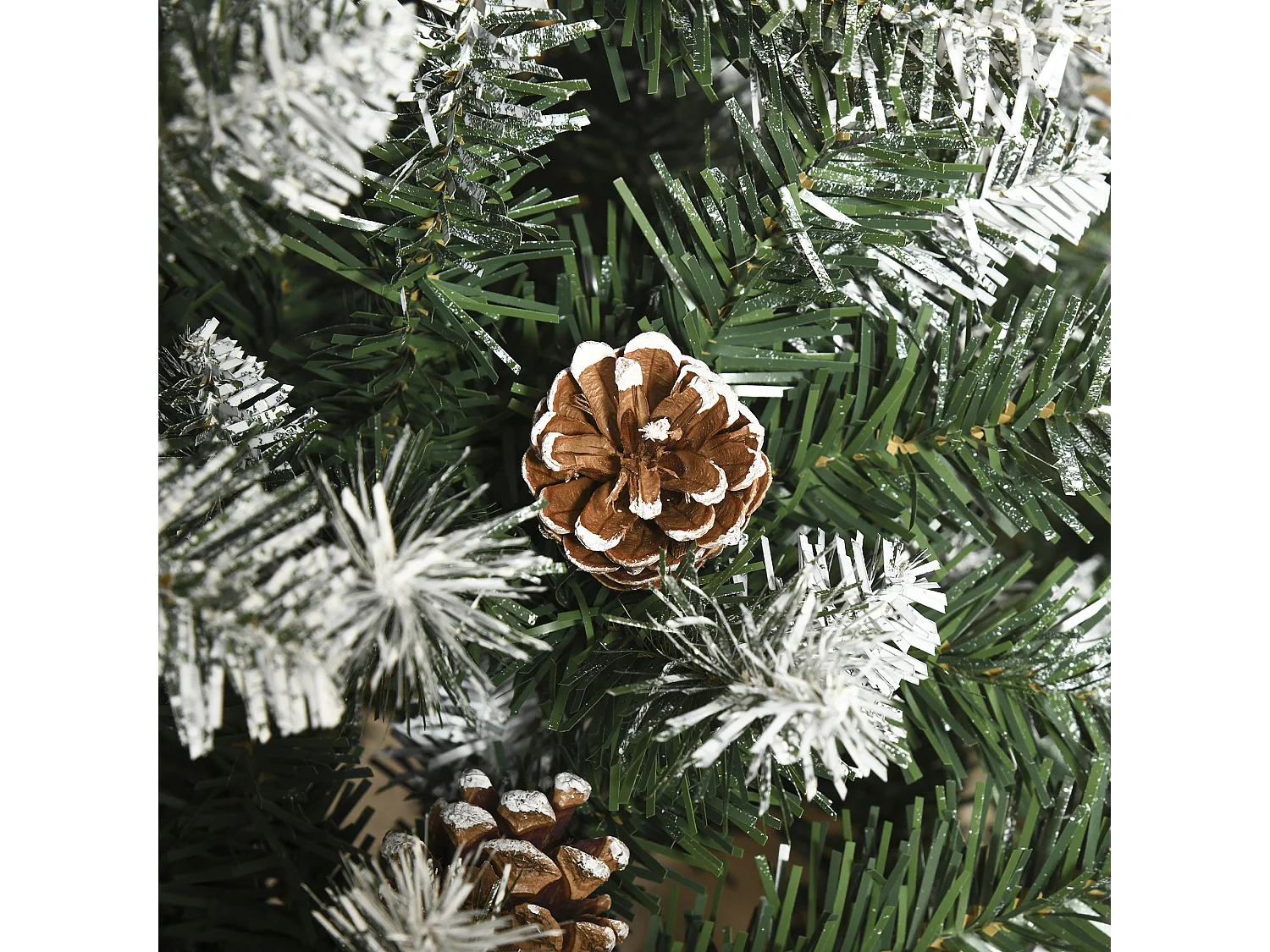 Albero di natale innevato 180 cm con 630 rami e 37 pigne verde bianco